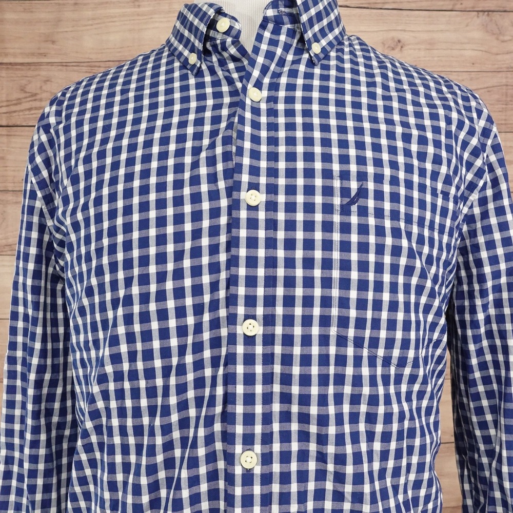 Nautica Button Down Shirt Mens XL Blue Gingham Good Wrinkle Resistant L/S